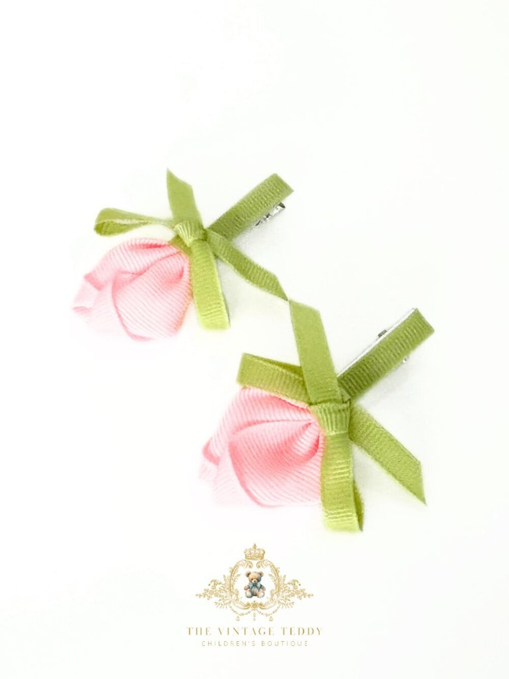 NWT Lovely Girls Hair Clips Springtime Tulip Flowers Pink Green Clip-On Set of 2